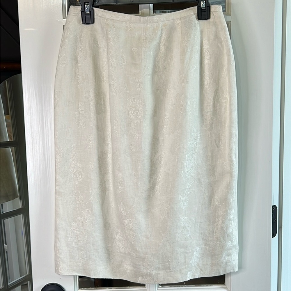 HARVE BENARD Vintage White 100% Linen Jacquard Midi Pencil Skirt Size 6